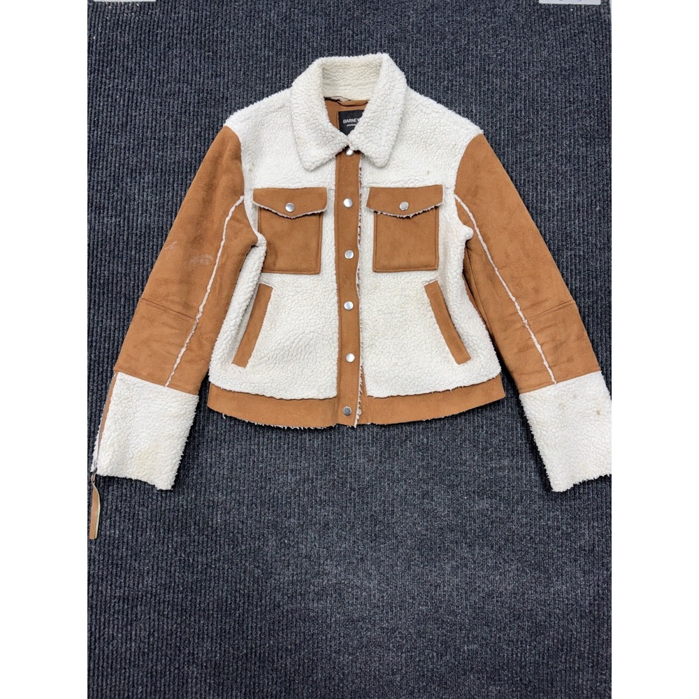 Barneys Originals Womens 8 Sherpa Faux Suede Trucker Jacket Tan Cream Western